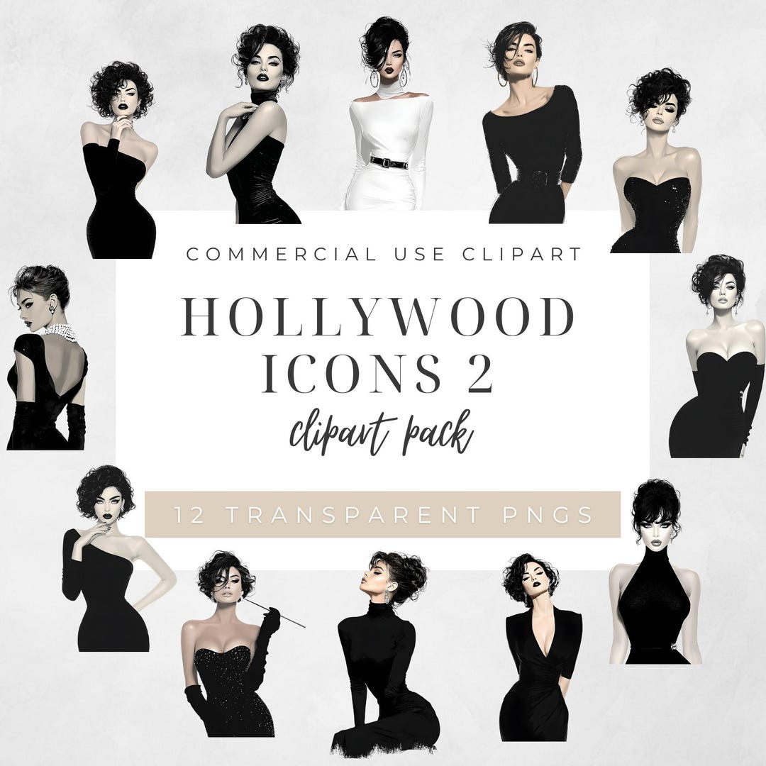 Hollywood Icons Clipart Set, Glam Vintage Fashion Ladies Pngs, Elegant ...