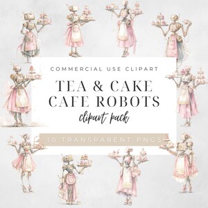 Tea & Cake Cafe Roboter Clipart-Set, Vintage Mech Kellnerin Illustrationen Android, Retro Tee-Party Cyborg PNGs für Handwerk und kreative Projekte