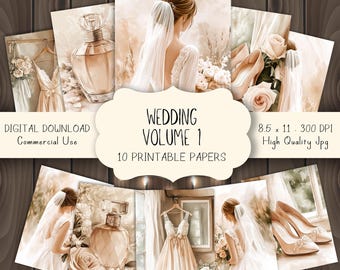 Wedding Digital Paper Pack, Elegant Bridal Backgrounds for Scrapbooking, Romantic Bride Printable Wedding Papers for Junk Journals & Crafts