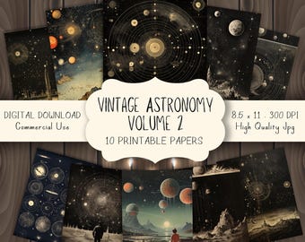 Vintage Astronomy Printable Papers, Celestial Space Art Backgrounds, Retro Cosmic Galaxy Scrapbook Pages for Journals & Crafts