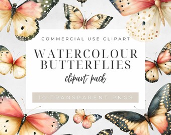 Clipart de mariposa pastel de acuarela, mariposas bohemias en rosa ruborizado y negro, fondo transparente, descarga digital de 300 DPI, uso comercial