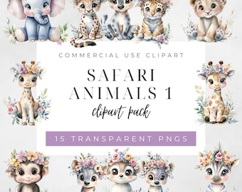 Aquarell Baby-Tiere mit Blumen Clipart, Aquarell Safari Tiere PNG, Kinderzimmer Tiere Bilder, Kinderzimmer Dekor und Baby Shower Grafiken