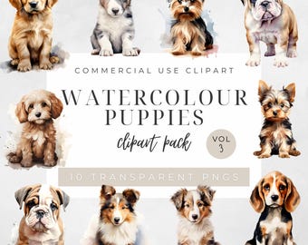 Watercolor Puppy Clipart, Cute Popular Dog Breeds, Transparent Background 300 DPI Digital Download, Commercial Use