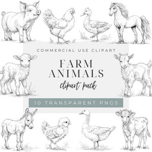 May include: A digital collection of farm animal illustrations featuring a pig, chicken, duck, horse, lamb, goat, donkey, chick, goose, and calf. The text reads COMMERCIAL USE CLIPART FARM ANIMALS clipart pack 10 TRANSPARENT PNGS in black and gray.