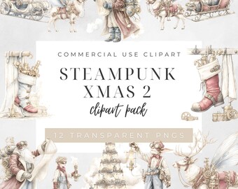 May include: Steampunk Christmas-themed clipart pack featuring Santa Claus, reindeer with wings, and Victorian-era vehicles. The image includes the text "STEAMPUNK XMAS 2 clipart pack" and "12 TRANSPARENT PNGS". The illustrations are in shades of white, red, and brown.