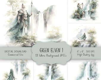 Green Elven Fantasy Waterfall Graphics, Mystic Elf Illustrations & Enchanted Forest JPG Images, Warrior Elf Art and Cloaked Mage Designs