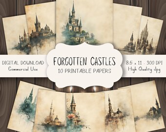 Vergeten kastelen ongewenste dagboekpagina's, vintage kasteel afdrukbare papieren voor scrapbooking, middeleeuws fantasiepapier, digitale download