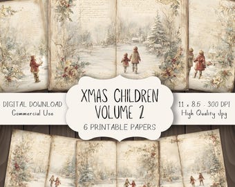 Christmas Children Junk Journal Pages, Vintage Printable Christmas Papers for Scrapbooking, Traditional Holiday Ephemera, Digital Download