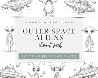 Outer Space Aliens Clipart, UFO and Quirky Alien Line Art PNGs for Making Coloring Pages, Cute Space Creature & Spaceship Outline Graphics