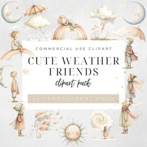 Puede incluir: Paquete de imágenes prediseñadas de acuarela con ilustraciones de personajes con temas meteorológicos, que incluyen un sol, una luna, nubes y niños. El texto de la imagen dice "Cute Weather Friends clipart pack" y "14 Transparent PNGs".