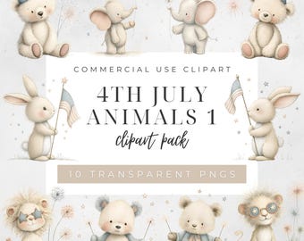4th July Animals Clipart Pack, Patriotic Animal PNGs, Independence Day Digital Illustrations, Cute Holiday Celebration Graphics for Crafts