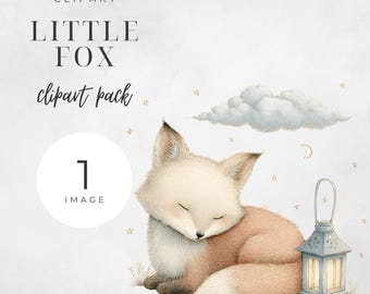 Little Fox Clipart, Cute Woodland Fox PNG with Lantern, Sleeping Animal Illustration for Nursery Wall Art, Baby Shower, Kids Crafts