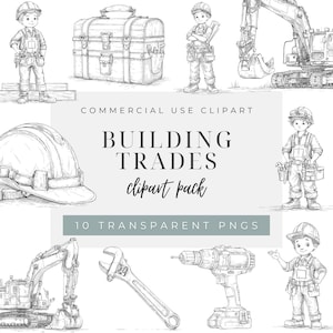 Può includere: Illustrazioni in bianco e nero di elementi a tema edilizio. L'immagine include una cassetta degli attrezzi, un casco, un escavatore, una chiave inglese, un trapano e figure di operai edili. Il testo recita "BUILDING TRADES clipart pack".