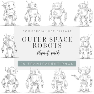 Outer Space Robots Clipart, Robot Line Art PNGs for Making Coloring Pages, Cute Sci-Fi Robot Characters, Futuristic Sketch Style Graphics