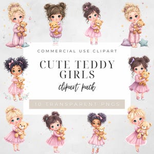 Cute Girls Holding Teddy Bears Clipart, Watercolor Girl & Bear PNGs, Pastel Children Illustrations for Invitations, Stickers, Crafts