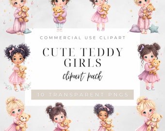 アンティークヴィンテージの子供のイラスト画像 女の子とテディベア