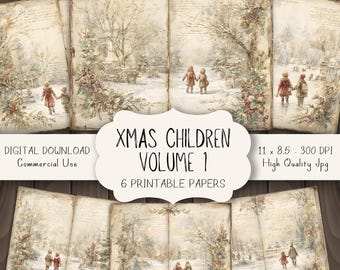 Christmas Children Junk Journal Pages, Vintage Printable Christmas Papers for Scrapbooking, Traditional Holiday Ephemera, Digital Download