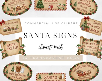 Santas Workshop Sign Clipart, Christmas North Pole Sign PNGs, Festive Xmas Workshop Mailbox Elf Signs for Crafts Journals Holiday Projects
