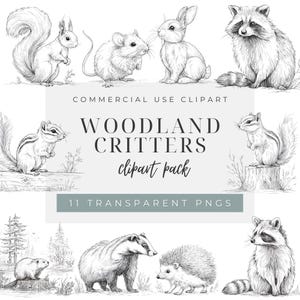 May include: A collection of black and white woodland critter illustrations, including a squirrel, mouse, rabbit, raccoon, chipmunk, badger, hedgehog, and beaver. The text reads "WOODLAND CRITTERS clipart pack" and "11 TRANSPARENT PNGS".