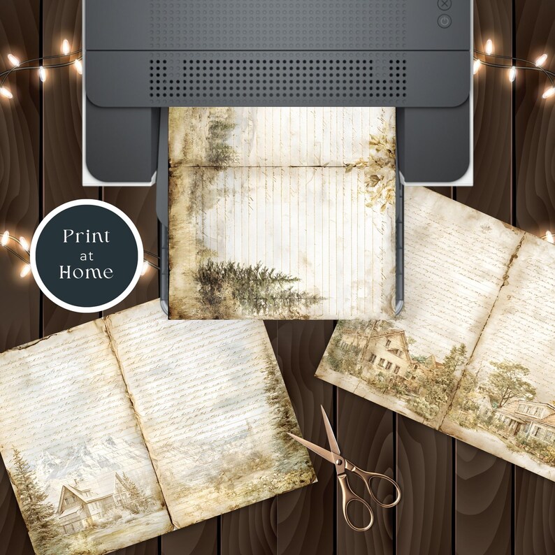 Rustic Notebook Page Forest Cabins Printable Journal Pages, Rustic Woodland Scrapbook Paper ...