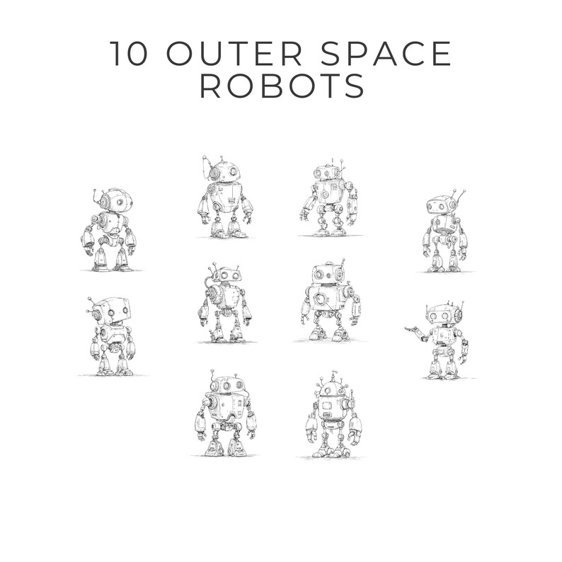Outer Space Robots Clipart, Robot Line Art Pngs for Making Coloring ...