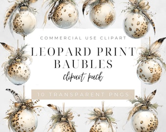 Leopard Print Christmas Baubles Clipart, Wild Holiday Ornament Illustrations, Boho Animal Print Quirky Festive Xmas Decor PNG Set