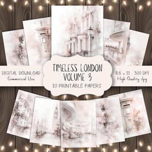 Puede incluir: Diez papeles imprimibles con ilustraciones en sepia de Londres, incluyendo el Big Ben y un buzón rojo. El texto dice "Timeless London Volume 3". Cada papel mide 21,59 x 27,94 cm. Imágenes Jpg de alta calidad.