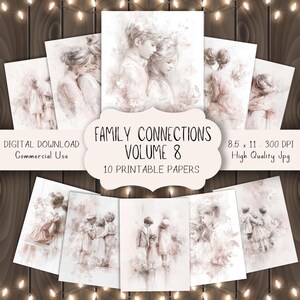 Peut inclure: Une collection de dix papiers imprimables avec des illustrations douces à l'aquarelle de liens familiaux. Les images sont dans des tons roses et beiges, avec le texte "Family Connections Volume 8". Chaque papier mesure 21,59 x 27,94 cm.