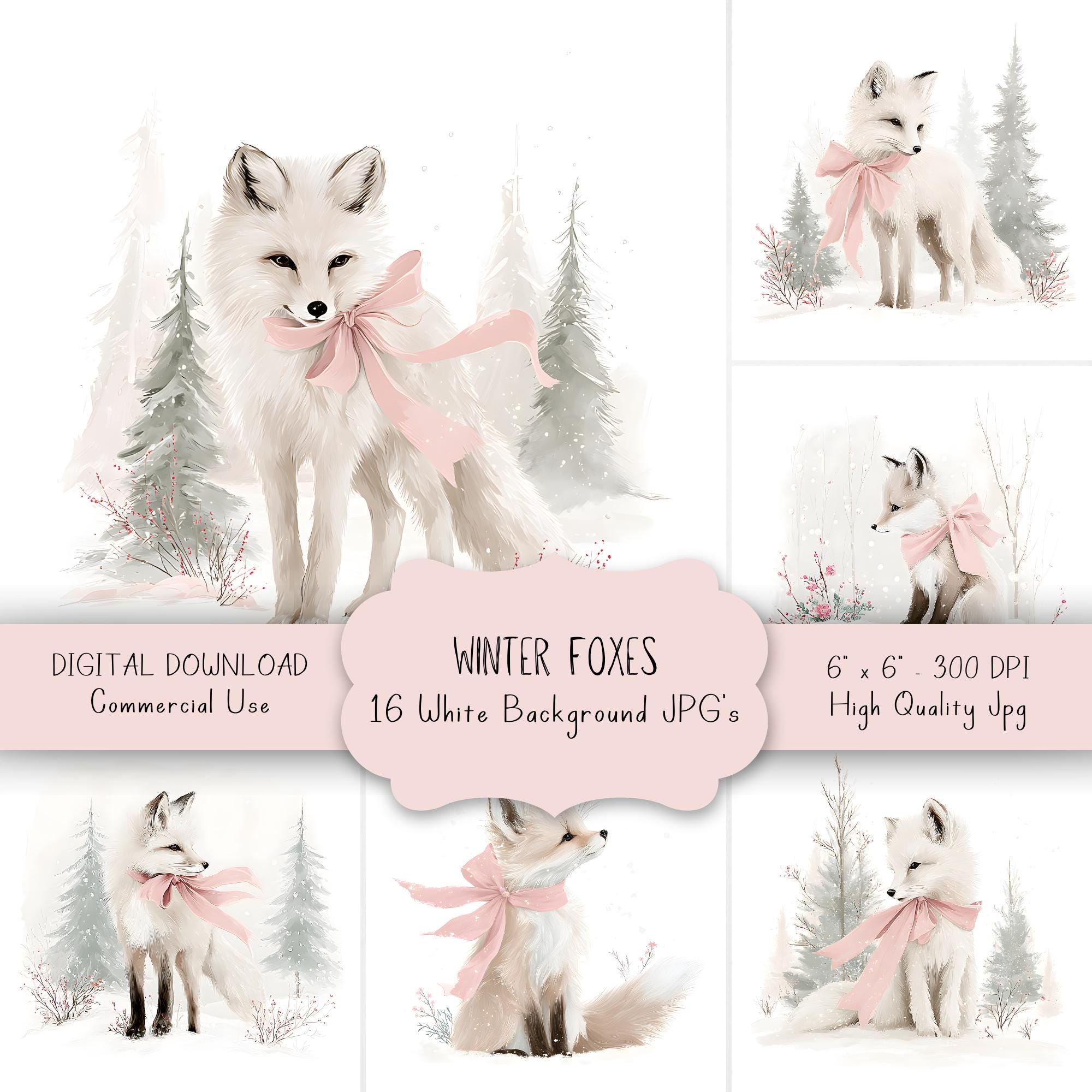 Elegant Winter Fox Illustrations, Soft Snowy Woodland Foxes With Pink ...