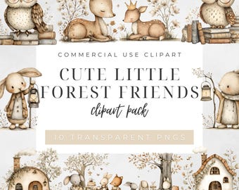 May include: Watercolor clipart pack featuring adorable forest animals, including owls, deer, and rabbits, with crowns and lanterns. The text reads "Cute Little Forest Friends" and "Commercial Use Clipart". Includes 10 transparent PNGs.