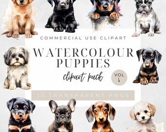 Watercolor Puppy Clipart, Cute Popular Dog Breeds, Transparent Background 300 DPI Digital Download, Commercial Use