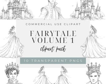 Prinsessa Sago Clipart Volym 1, Kungliga Slottsskisser PNG, Prinslinjeteckningar för Målarbilder, Fantasy Sagobok & Hantverksillustrationer