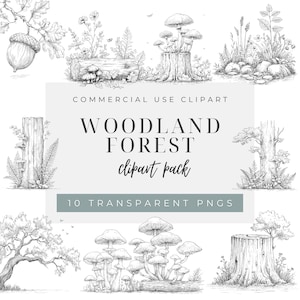 May include: A black and white woodland forest clipart pack. The image shows detailed illustrations of acorns, mushrooms, tree stumps, and plants. Text includes "Commercial Use Clipart", "Woodland Forest", "Clipart Pack", and "10 Transparent PNGs."