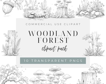 May include: Black and white woodland forest clipart pack. The image features detailed illustrations of acorns, mushrooms, tree stumps, and various plants. Text includes "Commercial Use Clipart", "Woodland Forest", "Clipart Pack", and "10 Transparent PNGs."