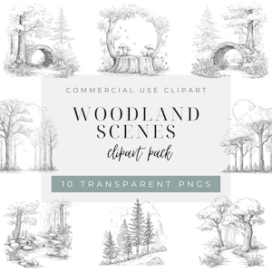 Könnte beinhalten: Eine digitale Sammlung von zehn schwarz-weißen Strichzeichnungen mit Waldszenen, Bäumen, Waldwegen, Steinbögen und Pilzen. Der zentrale Text lautet COMMERCIAL USE CLIPART WOODLAND SCENES clipart pack 10 TRANSPARENT PNGS.