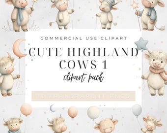 May include: A watercolour clipart pack showcasing ten charming Highland cows. The cows are illustrated in a whimsical style, holding balloons and stars, and wearing accessories. The text reads "Cute Highland Cows 1 clipart pack".