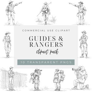 May include: Black and white line art of guides and rangers in various poses. The image includes illustrations of people pointing, walking, and using binoculars. Text reads "GUIDES & RANGERS clipart pack" and "10 TRANSPARENT PNGS".