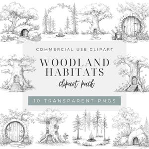 Puede incluir: Ilustración en blanco y negro de hábitats forestales, que incluyen árboles con puertas, caminos arqueados y una fogata. El texto dice "WOODLAND HABITATS clipart pack" y "10 TRANSPARENT PNGS".