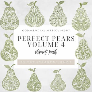 Perfect Pears Clipart, Elegant Filigree Pear Graphics, Green Ornamental Fruit Illustrations, Bridal Shower Clip Art, Wedding Design PNGs