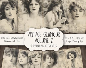 May include: A collection of six vintage-style printable papers featuring sepia-toned portraits of women. The text on the image reads "Vintage Glamour Volume 2" and "Digital Download Commercial Use". Each paper measures 11 x 8.5 inches and is 300 DPI.