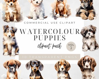 Watercolor Puppy Clipart, Cute Popular Dog Breeds, Transparent Background 300 DPI Digital Download, Commercial Use