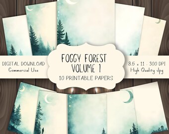 Green Foggy Forest Junk Journal Pages, Woodland Printable Papers for Scrapbooking, Forest Nature Paper, Junk Journal, Digital Download