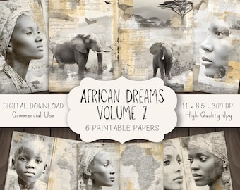 African Dreams Printable Journal Pages, Safari-Themed Collage Paper Pack, Vintage African Travel Junk Journal Scrapbook Backgrounds