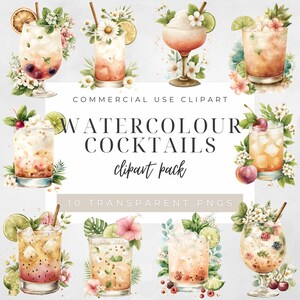 Könnte beinhalten: Aquarell-Clipart-Paket mit zehn transparenten PNGs von Cocktails. Jeder Cocktail ist mit Blumen und Früchten dekoriert. Der Text "WATERCOLOUR COCKTAILS clipart pack" ist in der Mitte des Bildes zu sehen.