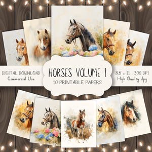 Watercolor Horse Junk Journal Papers, Wild Horses Printable Kit, Vintage Equine Scrapbook Backgrounds, Rustic Horse Art, Digital Download