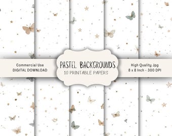 May include: A collection of ten pastel background papers with a repeating pattern of butterflies, stars, and moons. The digital download papers are 8 x 8 inches and 300 DPI. The text on the image says "PASTEL BACKGROUNDS" and "10 PRINTABLE PAPERS."