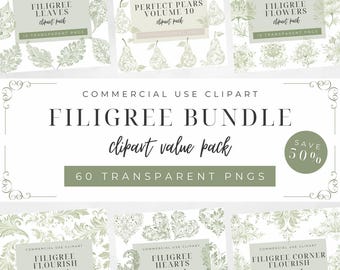 Può includere: Un pacchetto di clipart digitali con disegni a filigrana, foglie, pere e fiori. L'immagine include il testo "Filigree Bundle" e "clipart value pack". Il pacchetto contiene 60 PNG trasparenti ed è scontato del 50%.