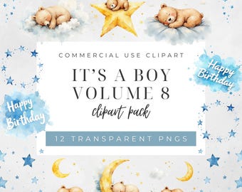 Baby Bear Clipart Bundle, It’s a Boy Watercolor Moon and Stars PNGs, Sleeping Teddy Digital Art Set for Baby Shower Crafts & Nursery Design