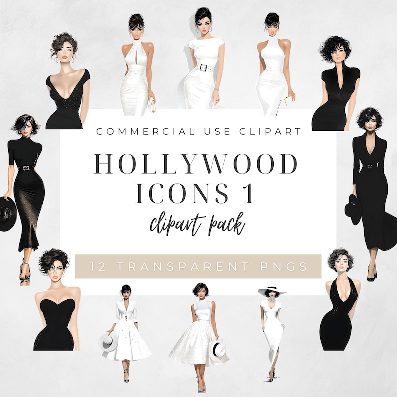 Hollywood Icons Clipart Set, Glam Vintage Fashion Pngs, Elegant Black ...