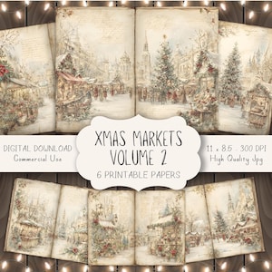 May include: A collection of six printable papers featuring vintage Christmas market scenes. The papers are 11 x 8.5 inches and are labeled "XMAS MARKETS VOLUME 2". The image also includes the text "DIGITAL DOWNLOAD Commercial Use".